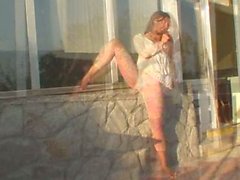 Blonde girl teasing outdoors