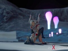 ¡Sexo caliente en el exoplanet! Un alienígena es follado por una mujer espacial en traje de espacios con Strapon