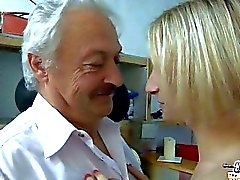 Big breasted blonde babe sucks old mans huge schlong