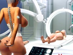 O sexo de travesti quente cyborg fode uma jovem loira em uma sala de cirurgia