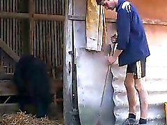 Horny young guy seduces mature woman for some barn yard fuck