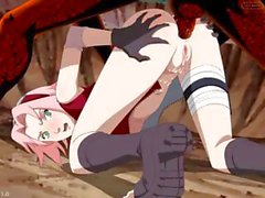 Chica animado Haruno de Sakura está a sus manos y el de rodillas recibiendo un golpe