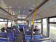 Threesome fuck party in public bus