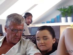 DADDY4K. Skillful old man manages to fuck comely brunette on sofa