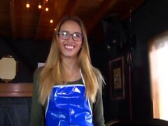 Blonde Colombian waitress with glasses rides cock in hot