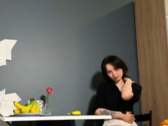 Teen girl using banana to cum